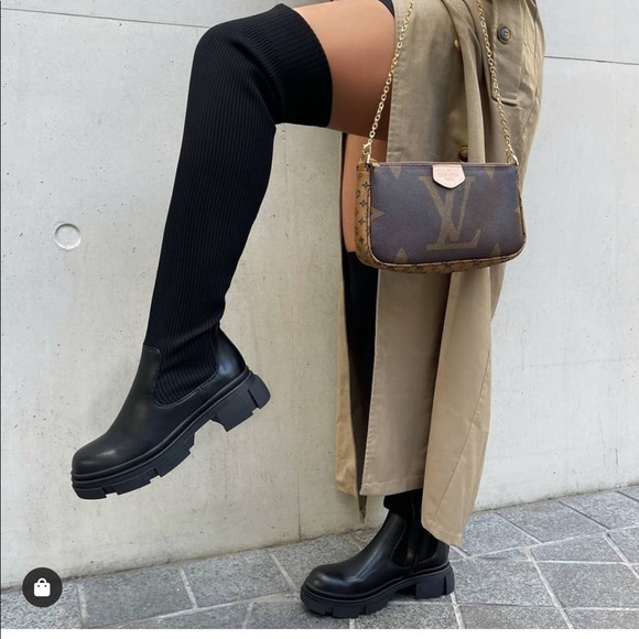 Black sStretch Chunky Over The Knee Boots - Picture 2 of 8